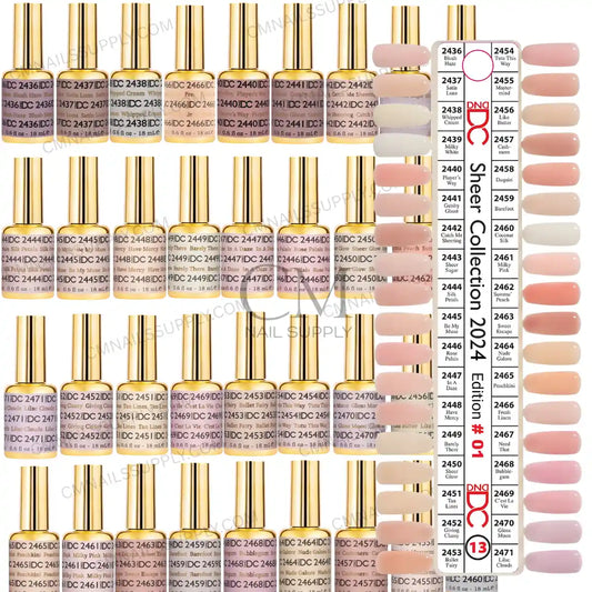 DND DC gel polish collection #13 bundle featuring 36 bottles of soft sheer neutrals, milky nudes, delicate pinks, and warm beiges from CM Nails Supply