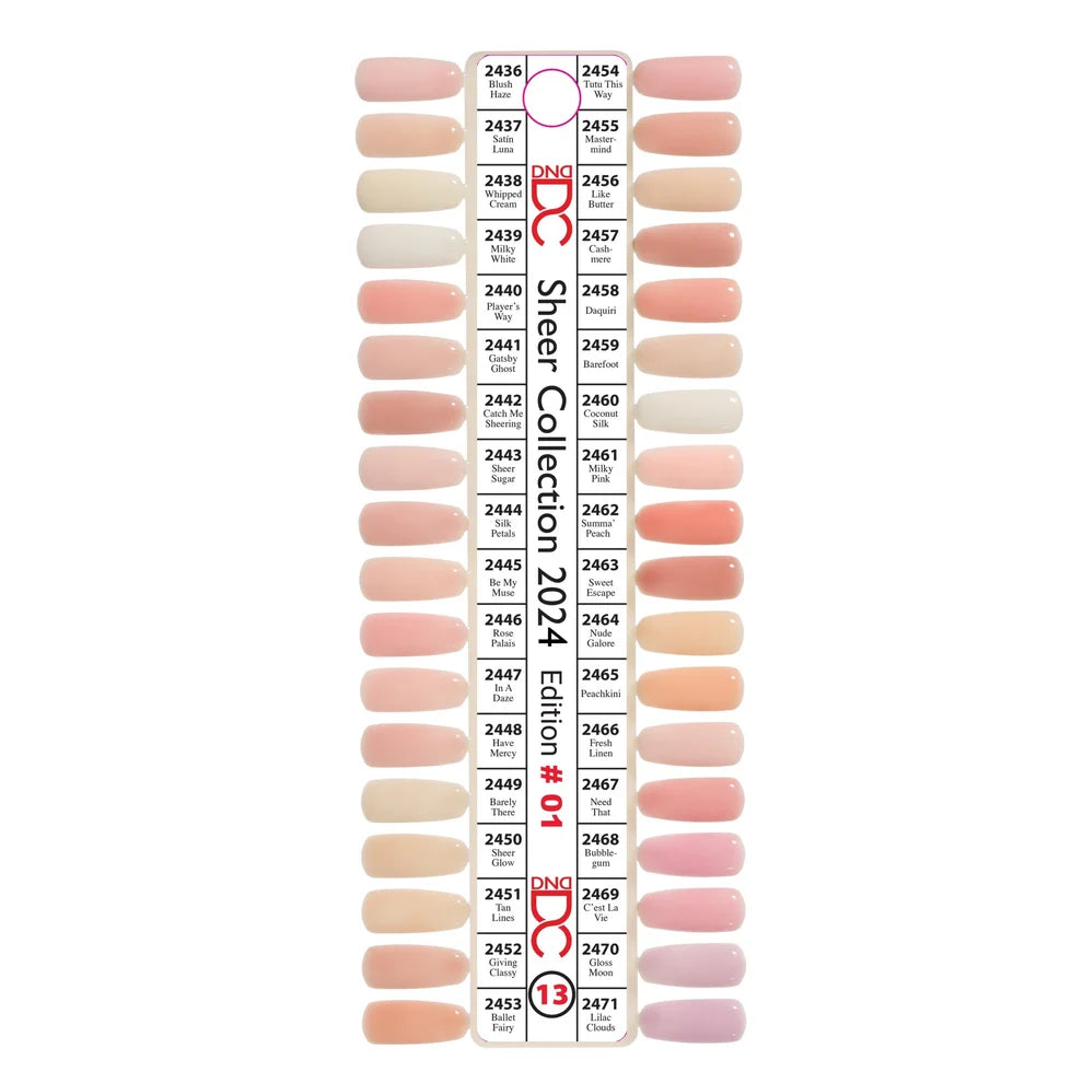 Manicure painted with a milky nude shade from the DND DC gel polish collection #13, showing the soft opaque finish on natural nails