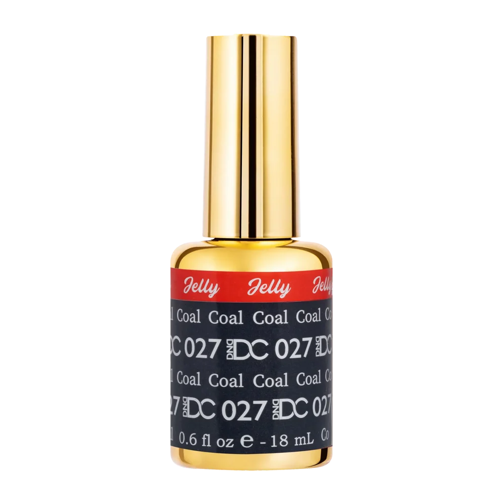 Gel polish nail polish bottle for DC Jelly 027 Coal showing the jelly gel polish formula in a dark grey shade