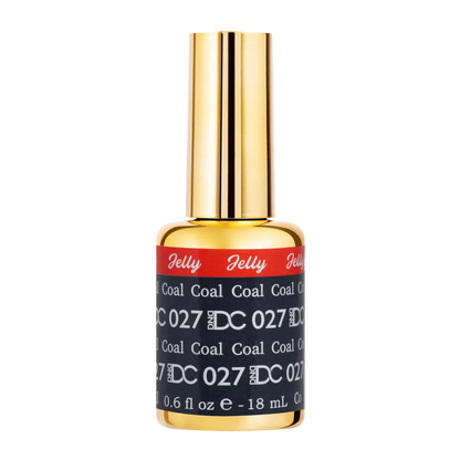 Gel polish nail polish bottle for DC Jelly 027 Coal showing the jelly gel polish formula in a dark grey shade