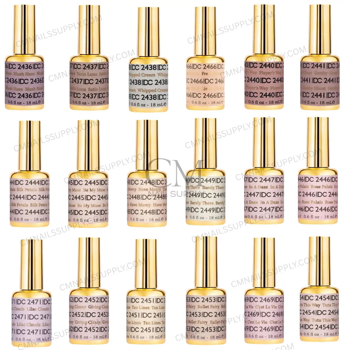 Close up of DND DC gel polish nude and neutral shades from collection #13, highlighting the soft milky finish of each bottle