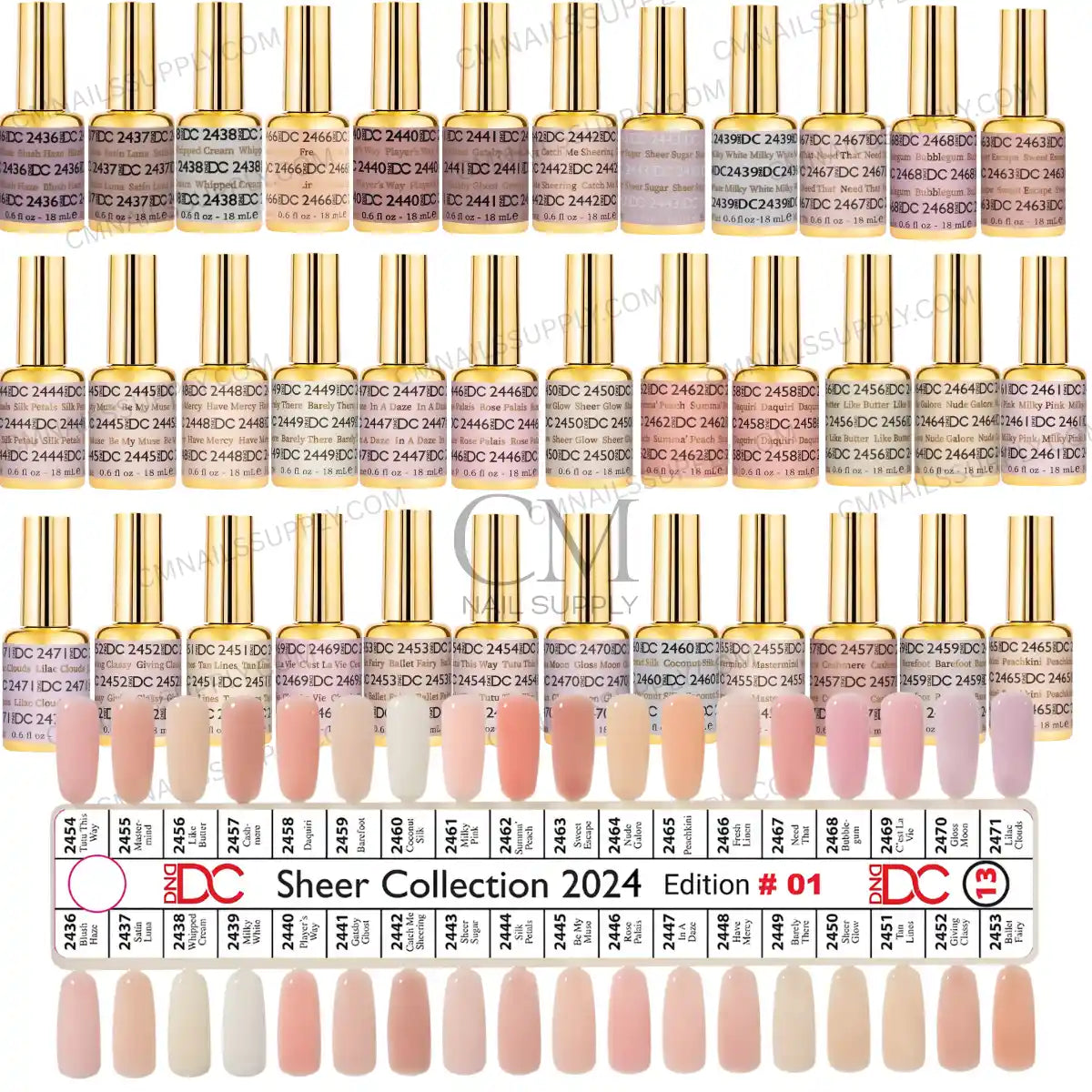 A large collection of DND DC nail polish bottles arranged in rows 'DC Sheer Collection appears at the bottom sold at wholesale bulk buy price for salons at CM Nails Supply Canada, DND DC gel polish collection #13 wholesale bulk set available at CM Nails Supply, a Canadian nail supply store for professional nail technicians