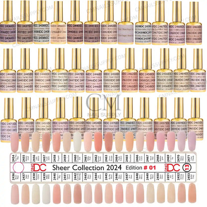 A large collection of DND DC nail polish bottles arranged in rows 'DC Sheer Collection appears at the bottom sold at wholesale bulk buy price for salons at CM Nails Supply Canada, DND DC gel polish collection #13 wholesale bulk set available at CM Nails Supply, a Canadian nail supply store for professional nail technicians