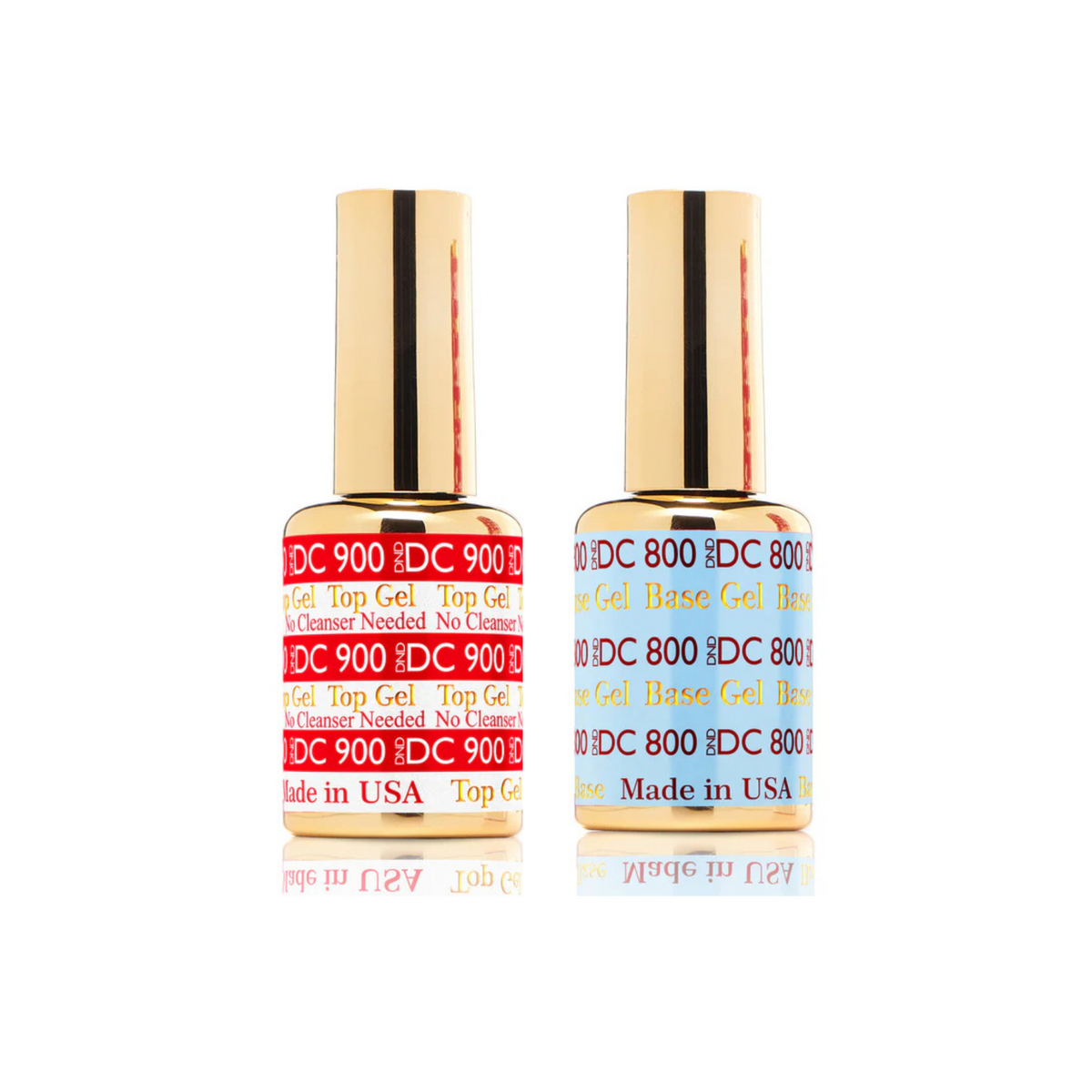 DC Top & Base Gel Combo (#800 & #900) - CM Nails & Beauty Supply. DND DC gel base and top coat bottles side by side on white background