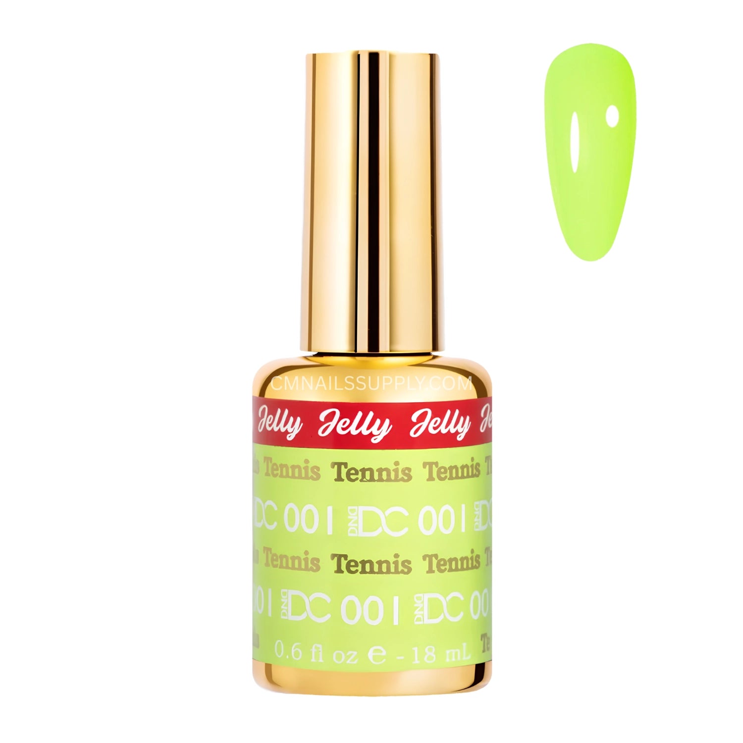 18 ml bottle of DND DC Jelly gel polish in shade 001 Tennis, a fluorescent green yellow