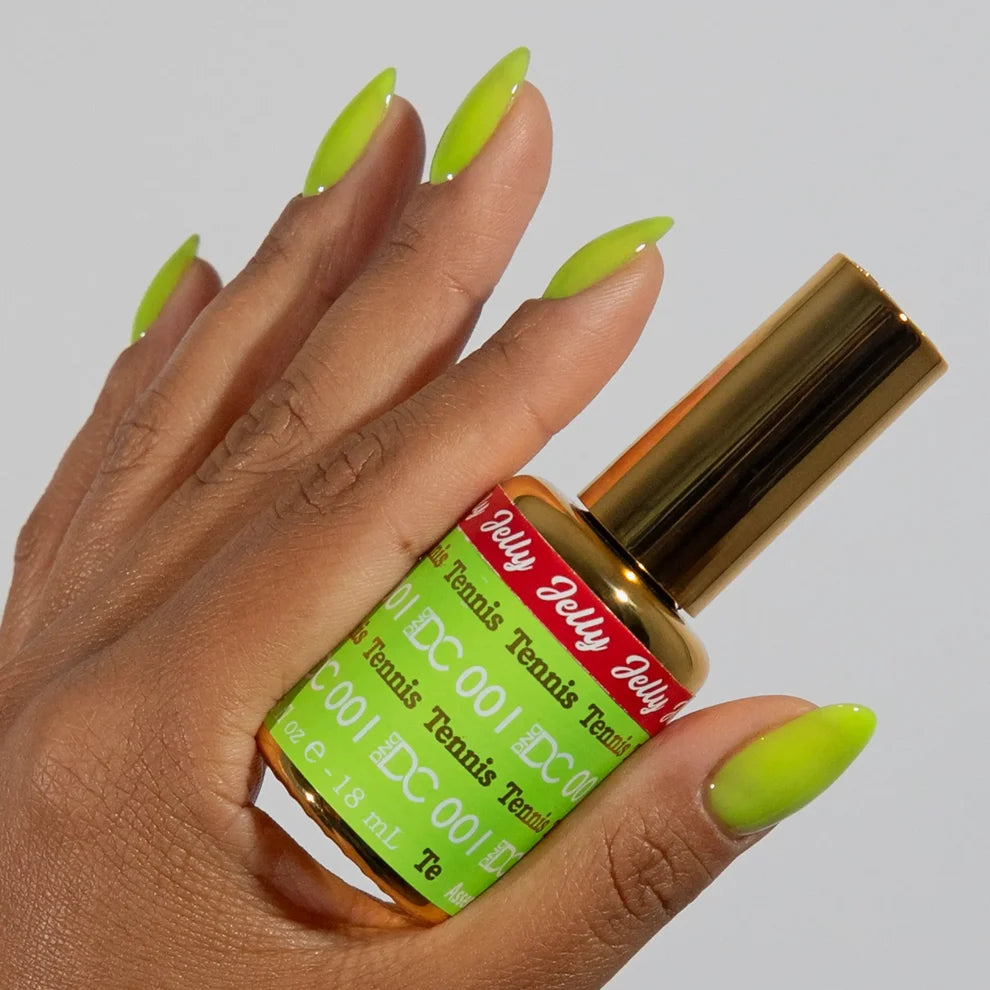 Hand swatch of 001 Tennis jelly gel polish showing the sheer finish over natural nails manicure