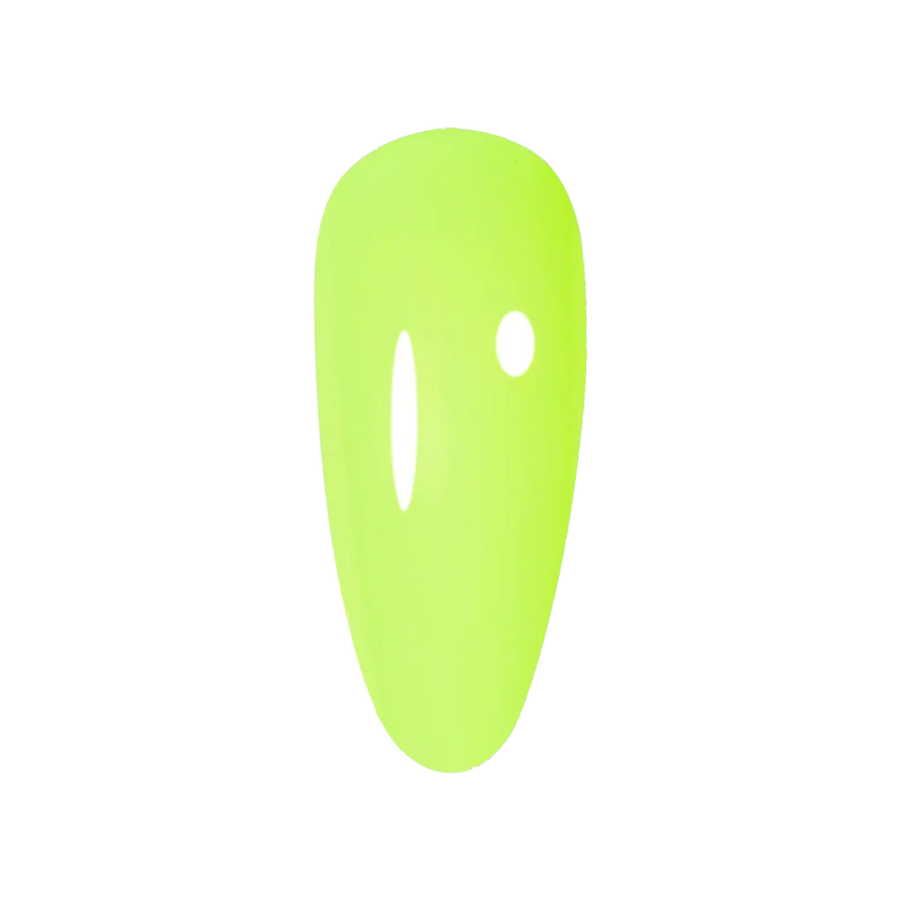 A single bright neon yellow-green nail tip with a vertical oval cutout and a small circular cutout, shown on a plain white background.