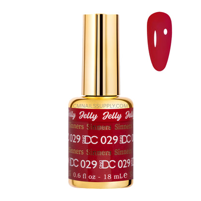DND DC jelly gel polish bottle for Sinner 029 in a ruby red finish with orange undertones
