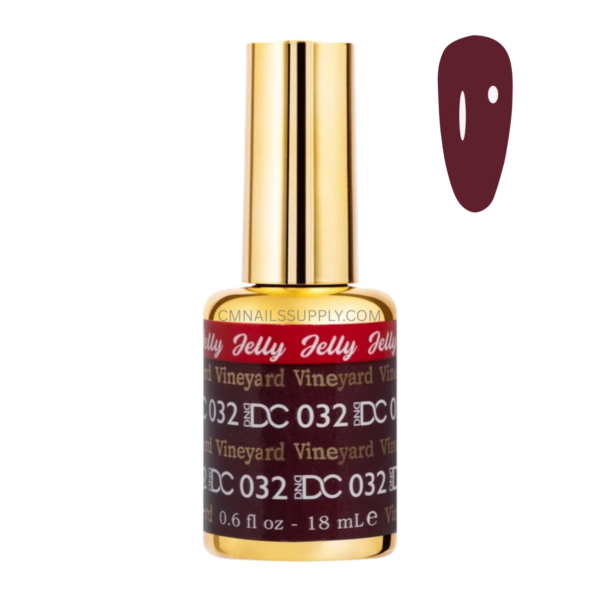 DND DC jelly gel polish bottle for Vineyard 032 in a deep cinnamon red finish with purple undertones