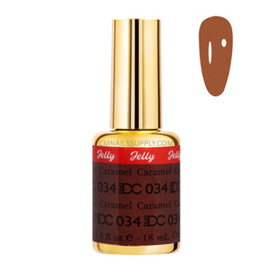 DND DC jelly gel polish bottle for Caramel 034 in a warm burnt honey orange brown finish