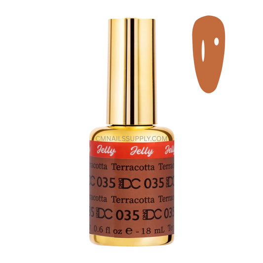 DND DC jelly gel polish bottle for Terracotta 035 in a warm brown orange camel finish