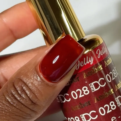 DND DC jelly gel polish manicure application for Amber 028 showing the finished salon style look