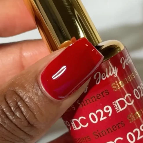 DND DC jelly gel polish nail polish 029 Sinner bottle showing the jelly gel polish formula in a deep red shade