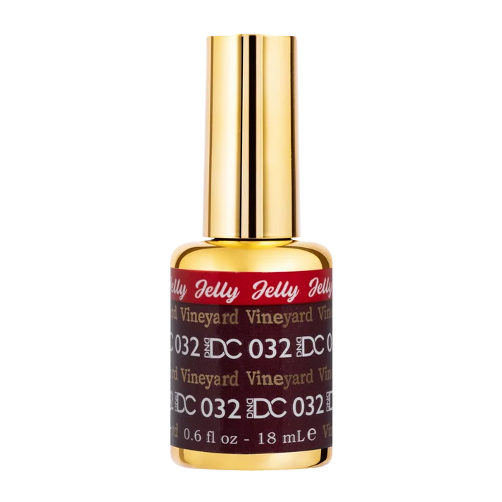 DND DC jelly gel polish nail polish 032 Vineyard bottle showing the jelly gel polish formula in a red purple shade
