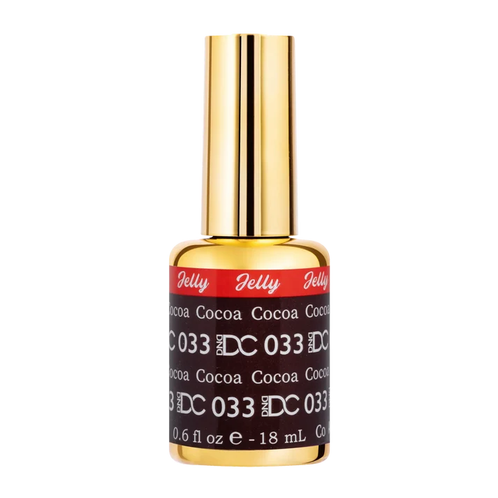 DND DC jelly gel polish nail polish 033 Cocoa bottle showing the jelly gel polish formula in a muted brown shade