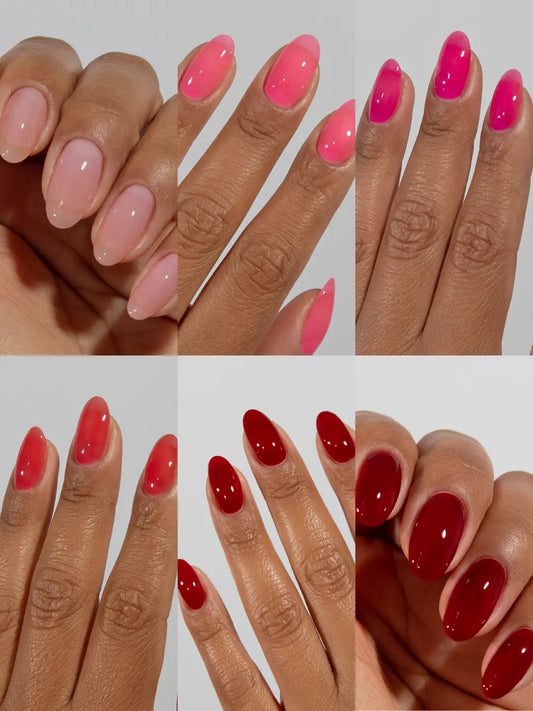 DND DC Kiss Me Tints Jelly gel polish swatch display featuring Blush Pink Hot Pink Wildberry Sinners and Sangria