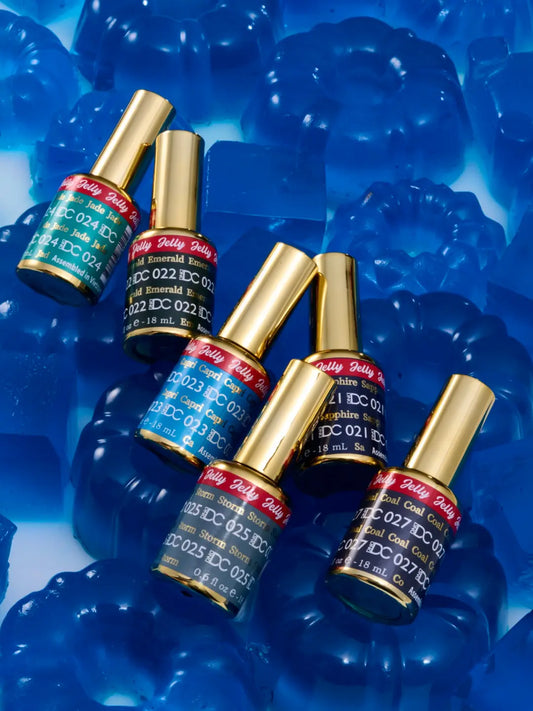 DND DC Ocean Glass Jelly nail polish color lineup showing the full set side by side