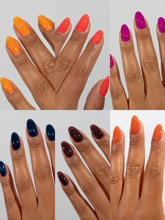 DND DC Practically Magic Jelly gel polish swatch display featuring Orange Poppy Amethyst Sapphire Cocoa and Terracotta