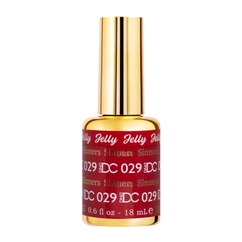 DND DC jelly gel polish nail polish 029 Sinner bottle showing the jelly gel polish formula in a deep red shade