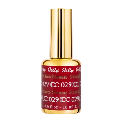 DND DC jelly gel polish nail polish 029 Sinner bottle showing the jelly gel polish formula in a deep red shade