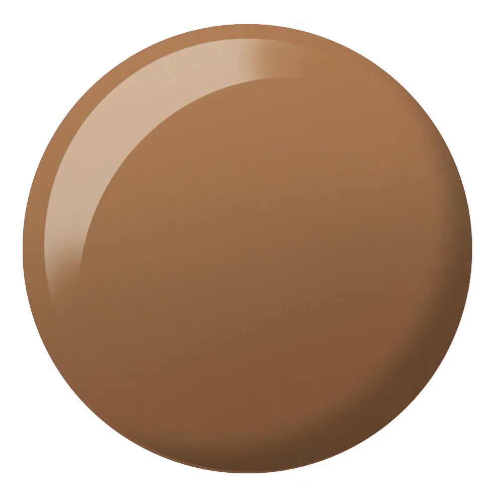 Creamy brown nude gel polish swatch on nails, DND DC S’Mores #316
