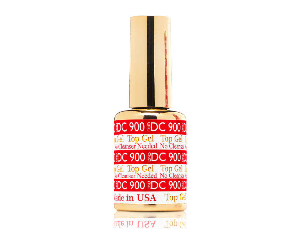 DND DC Top Coat No Cleanse 900 bottle label close up. DC Top & Base Gel Combo (#800 & #900) - CM Nails & Beauty Supply