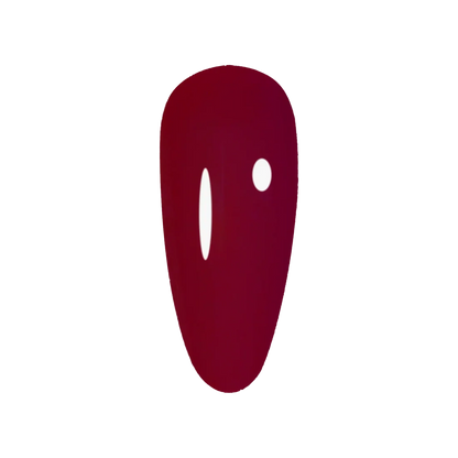 DND DC wine red jelly gel polish swatch for Cabernet 031 applied on a nail tip to show the scarlet color and glossy finish