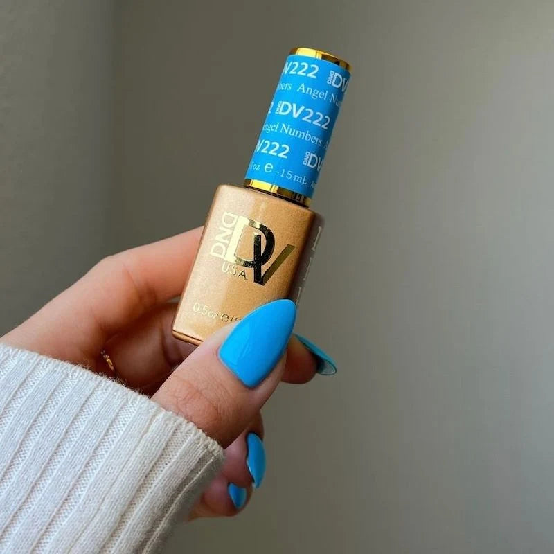 Deep sky blue gel nails manicure using DND DIVA 222 Angel Numbers polish
