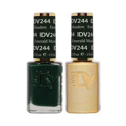 DND DIVA 244 Emerald Meadow deep forest green gel polish and nail polish duo