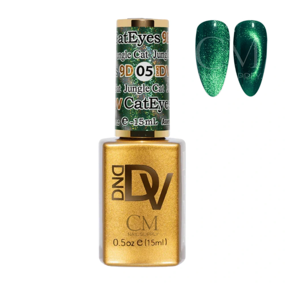 DND Diva 9D Cat Eye Gel Polish #05 Jungle Cat bottle with magnetic cat eye nail swatch