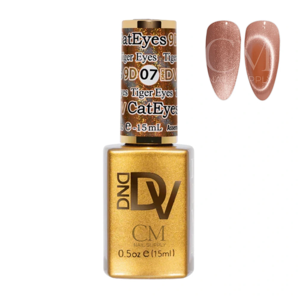 DND Diva 9D Cat Eye Gel Polish #07 Tiger Eyes bottle with magnetic cat eye nail swatch