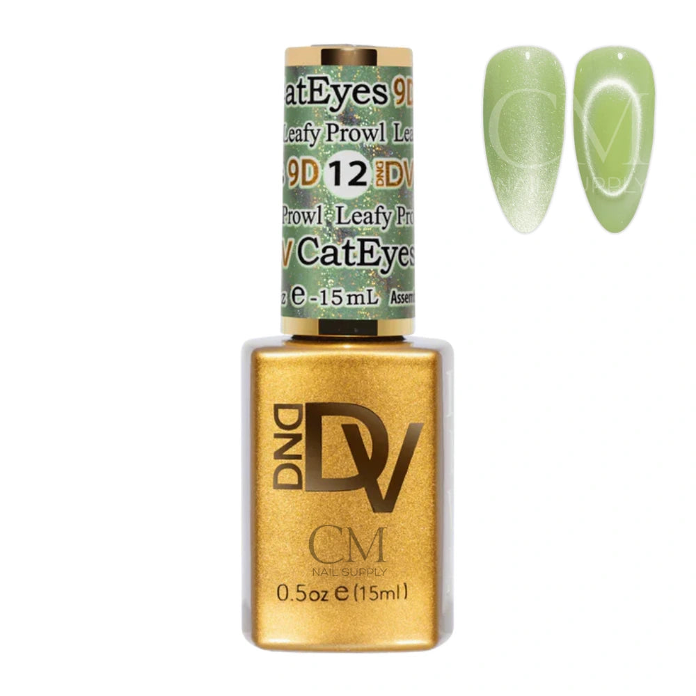DND Diva 9D Cat Eye Gel Polish #12 Leafy Prowl bottle with magnetic cat eye nail swatch
