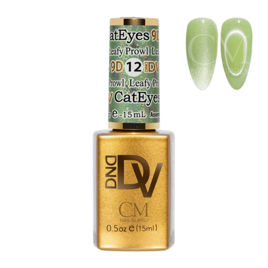 DND Diva 9D Cat Eye Gel Polish #12 Leafy Prowl bottle with magnetic cat eye nail swatch