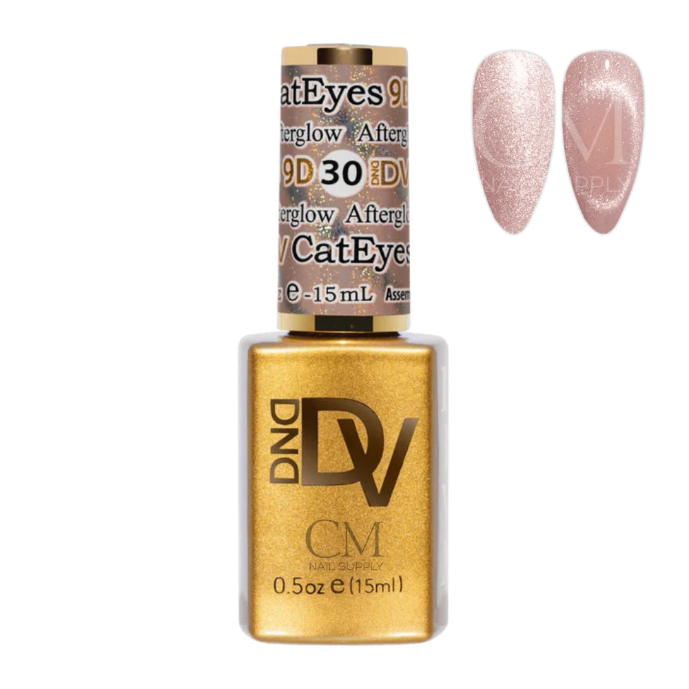DND Diva 9D Cat Eye Gel Polish #30 Afterglow bottle with magnetic cat eye nail swatch