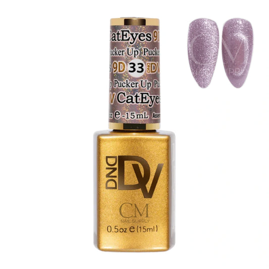 DND Diva 9D Cat Eye Gel Polish #33 Pucker Up bottle with magnetic cat eye nail swatch
