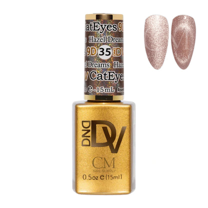 DND Diva 9D Cat Eye Gel Polish #35 Hazel Dreams bottle with magnetic cat eye nail swatch