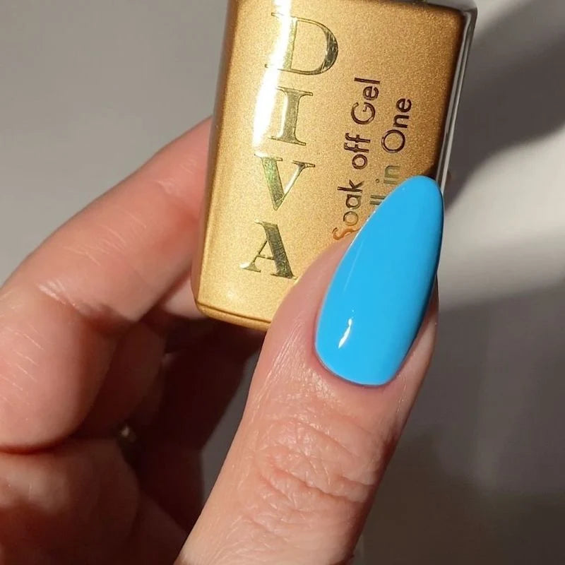 Deep sky blue gel manicure painted with DND DIVA Angel Numbers on natural nails