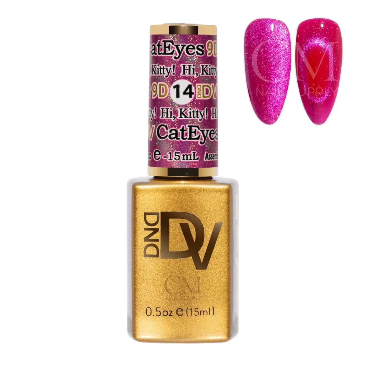 DND Diva Cat Eye Gel Polish #14 Hi Kitty bottle next to a hot pink cat eye nail polish swatch.