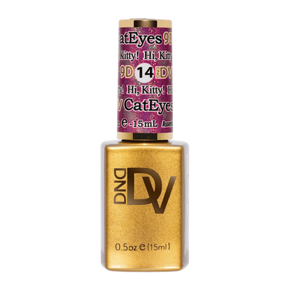 DND Diva Cat Eye Gel Polish #14 Hi Kitty bottle standing upright in hot pink.