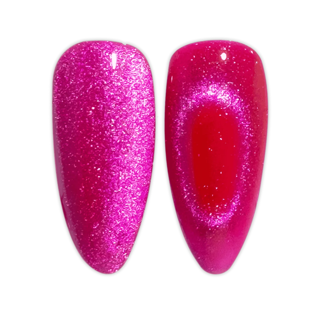 Close up swatch of DND Diva Cat Eye Gel Polish #14 Hi Kitty showing the hot pink cat eye nail polish effect.