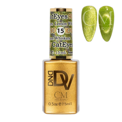 DND Diva Cat Eye Gel Polish #15 Lemon Whiskers bottle next to a lemon lime cat eye nail polish swatch.