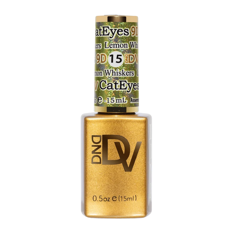 DND Diva Cat Eye Gel Polish #15 Lemon Whiskers bottle standing upright in lemon lime.