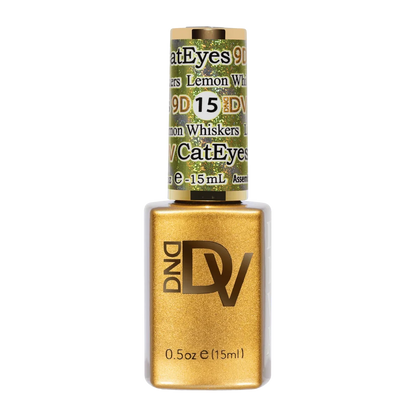 DND Diva Cat Eye Gel Polish #15 Lemon Whiskers bottle standing upright in lemon lime.