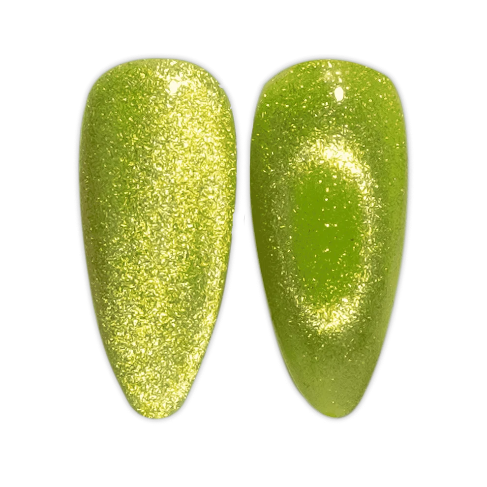 Close up swatch of DND Diva Cat Eye Gel Polish #15 Lemon Whiskers showing the lemon lime cat eye nail polish effect.