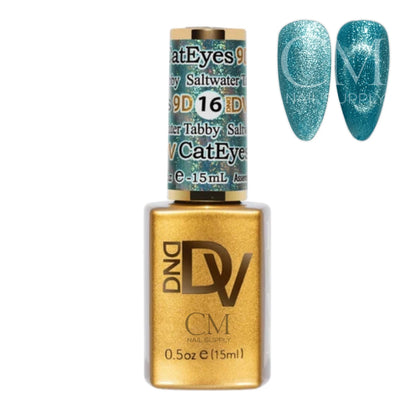DND Diva Cat Eye Gel Polish #16 Saltwater Tabby bottle next to an aquamarine cat eye nail polish swatch.