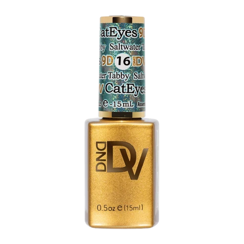 DND Diva Cat Eye Gel Polish #16 Saltwater Tabby bottle standing upright in aquamarine.