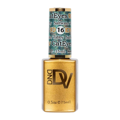 DND Diva Cat Eye Gel Polish #16 Saltwater Tabby bottle standing upright in aquamarine.