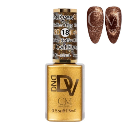 DND Diva Cat Eye Gel Polish #18 Toffee Crisp bottle next to a brown sugar cat eye nail polish swatch.