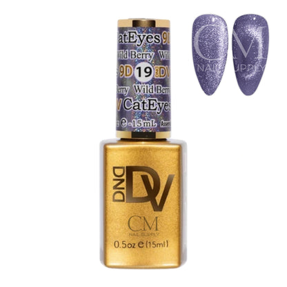DND Diva Cat Eye Gel Polish #19 Wild Berry bottle next to a muted grape cat eye nail polish swatch.