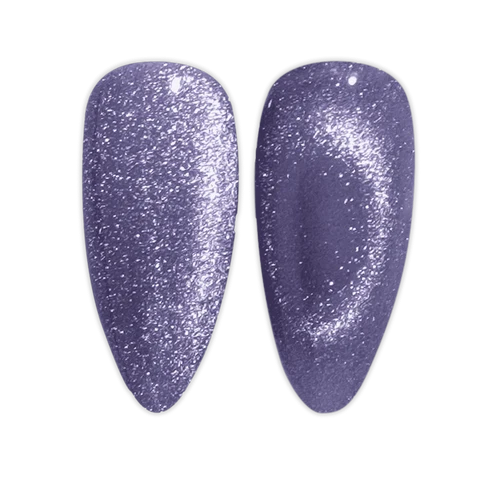 Close up swatch of DND Diva Cat Eye Gel Polish #19 Wild Berry showing the muted grape cat eye nail polish effect.